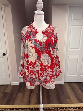 Talbots Red Floral Smocked Neck Tunic